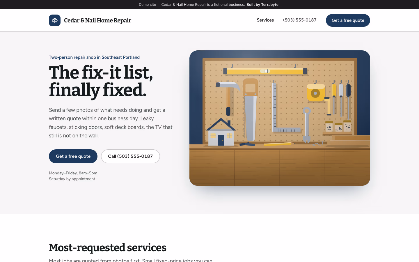 Home page of the handyman & home repair demo business, shown on a laptop