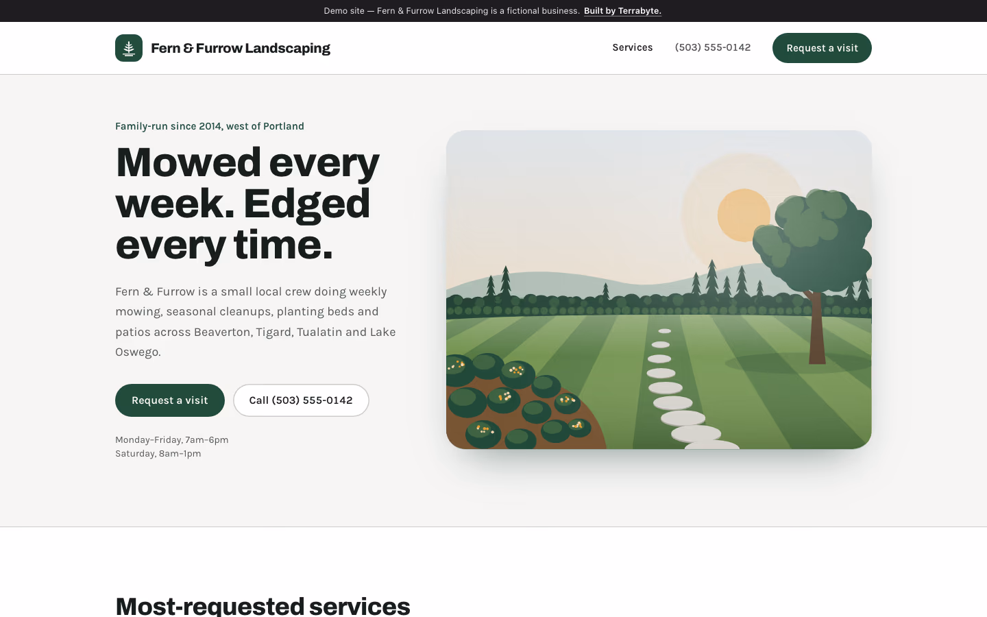 Home page of the landscaping & lawn care demo business, shown on a laptop
