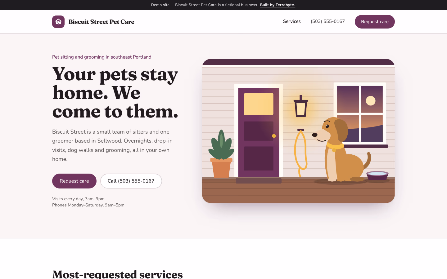 Home page of the pet-care demo business, shown on a laptop
