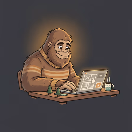 Cartoon sasquatch mascot standing in for Ben's portrait